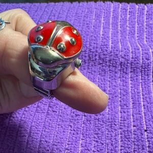 VINTAGE RED LADYBUG HINGED  Silver Tone Quartz Ring Watch